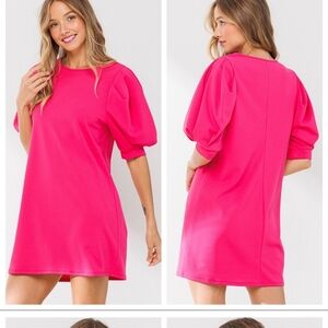 Bold Pink Puff Sleeve Mini Dress – Effortless & Chic
